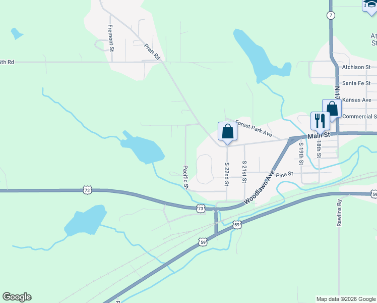 map of restaurants, bars, coffee shops, grocery stores, and more near 2439 Pacific Street in Atchison