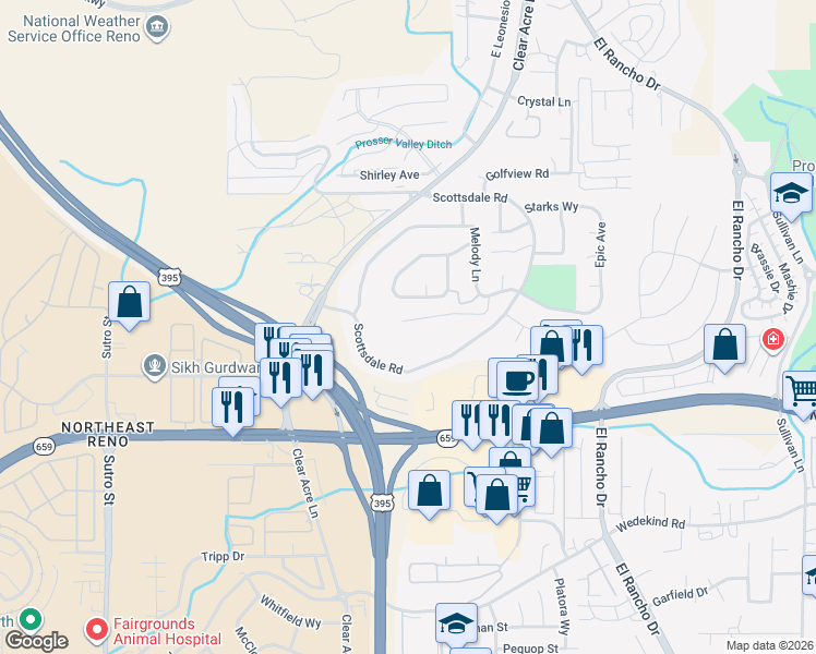 map of restaurants, bars, coffee shops, grocery stores, and more near 2835 Scottsdale Road in Reno
