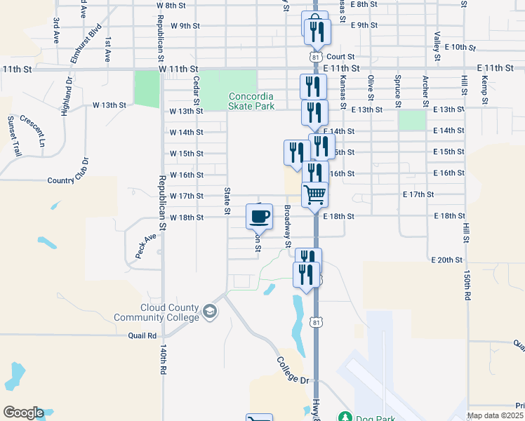 map of restaurants, bars, coffee shops, grocery stores, and more near 125-139 West 18th Street in Concordia