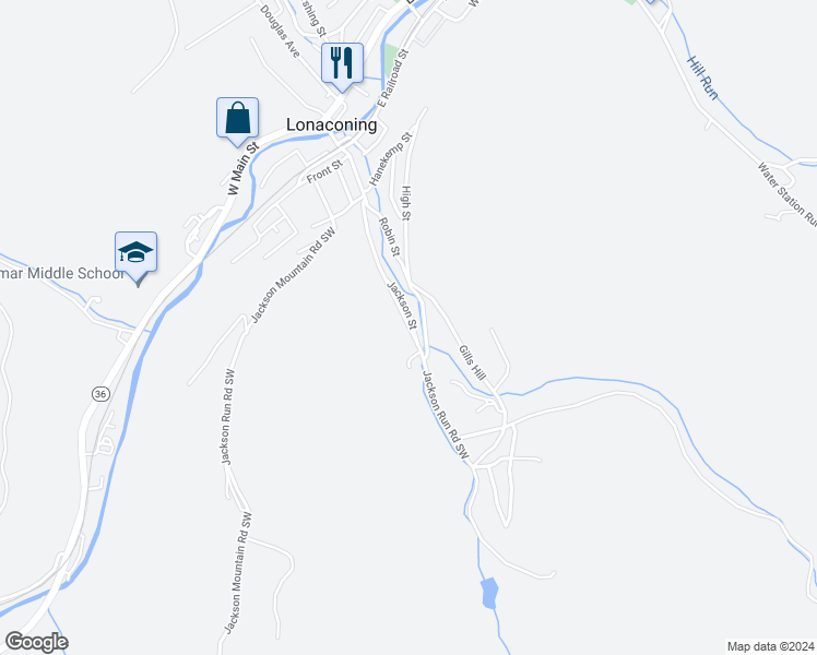 map of restaurants, bars, coffee shops, grocery stores, and more near 118 Jackson Street in Lonaconing