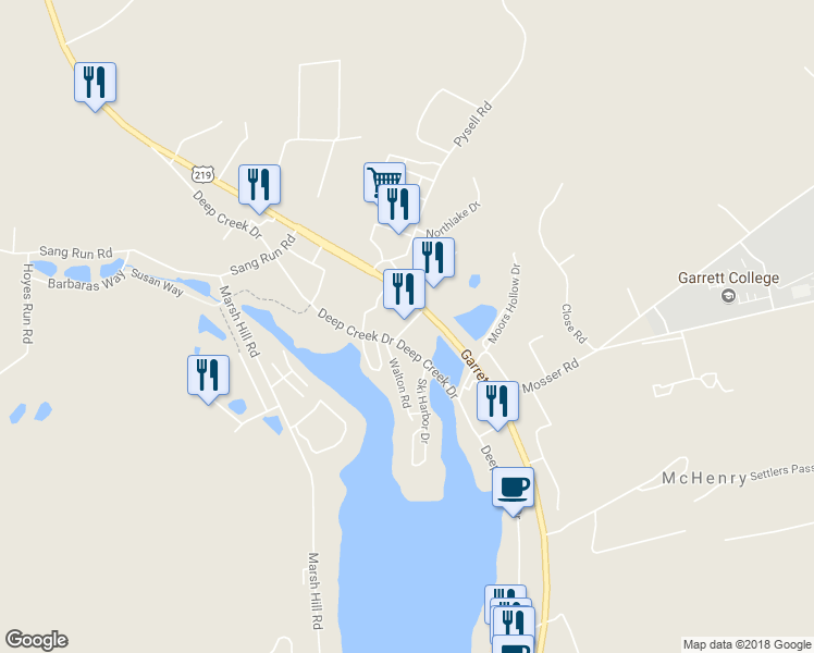 map of restaurants, bars, coffee shops, grocery stores, and more near 24465 Garrett Highway in McHenry