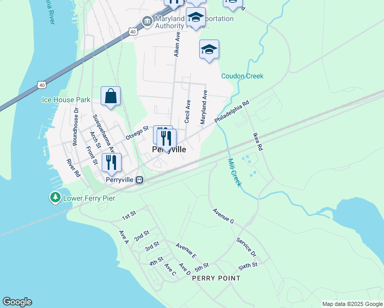 map of restaurants, bars, coffee shops, grocery stores, and more near 2 Ellis Court in Perryville