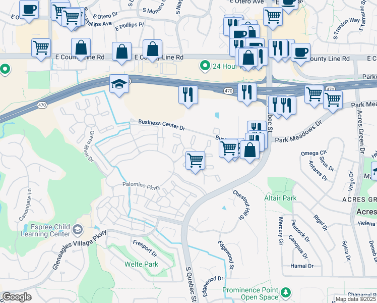 map of restaurants, bars, coffee shops, grocery stores, and more near 6002 Blue Ridge Drive in Littleton