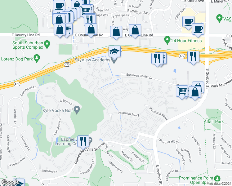 map of restaurants, bars, coffee shops, grocery stores, and more near 8589 Gold Peak Drive in Littleton
