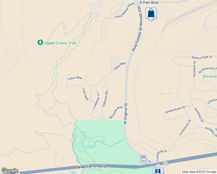 map of restaurants, bars, coffee shops, grocery stores, and more near 3590 Gypsum Road in Reno