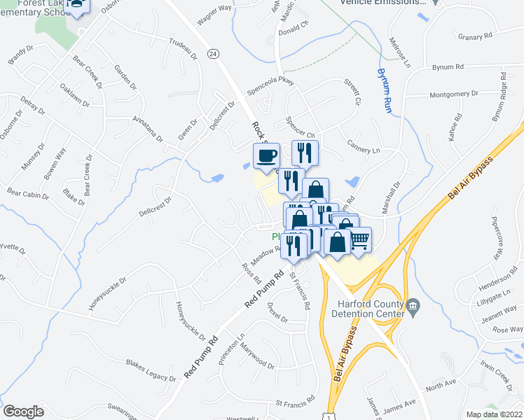 map of restaurants, bars, coffee shops, grocery stores, and more near 1698 Rebecca Court in Forest Hill