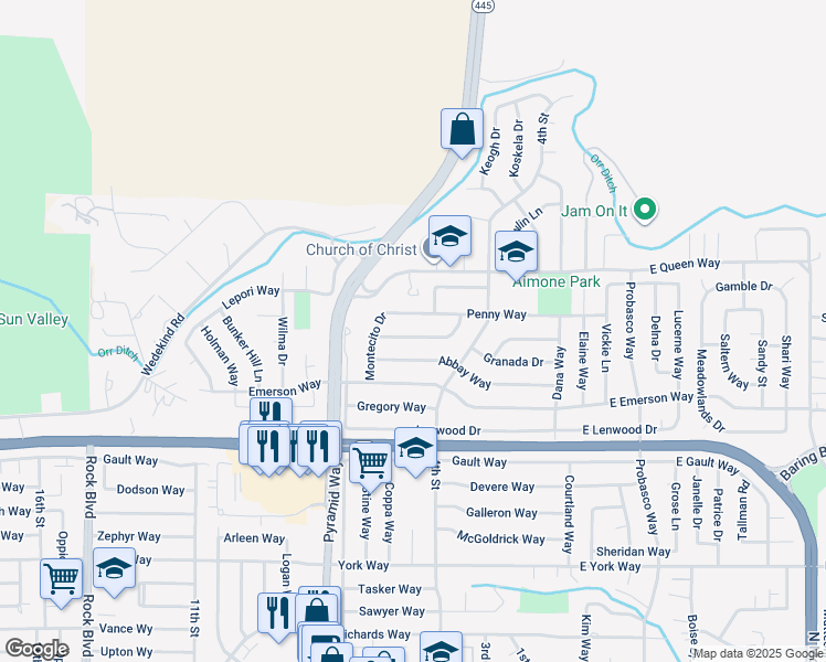 map of restaurants, bars, coffee shops, grocery stores, and more near 535 Steffanie Way in Sparks