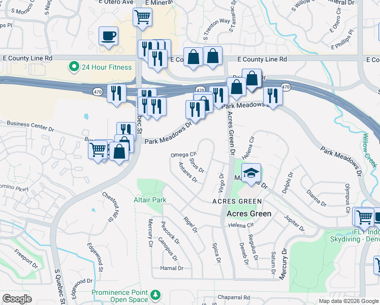 map of restaurants, bars, coffee shops, grocery stores, and more near 13714 Omega Circle in Lone Tree