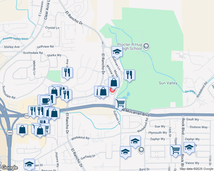 map of restaurants, bars, coffee shops, grocery stores, and more near 2225 Green Vista Drive in Sparks