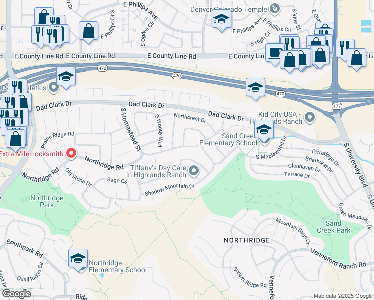 map of restaurants, bars, coffee shops, grocery stores, and more near 8675 Meadowlark Circle in Littleton