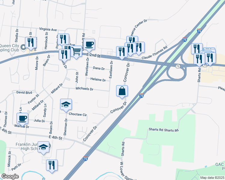 map of restaurants, bars, coffee shops, grocery stores, and more near 8010 Eastlawn Drive in Franklin