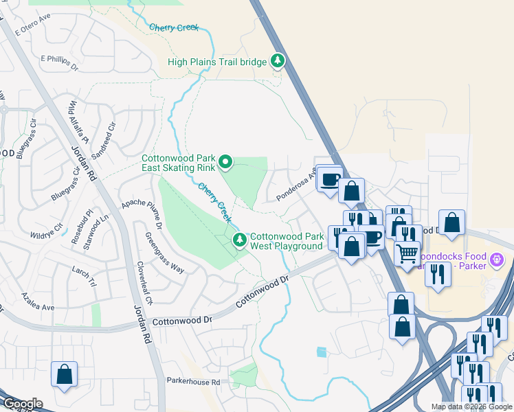 map of restaurants, bars, coffee shops, grocery stores, and more near 17562 Ponderosa Avenue in Parker