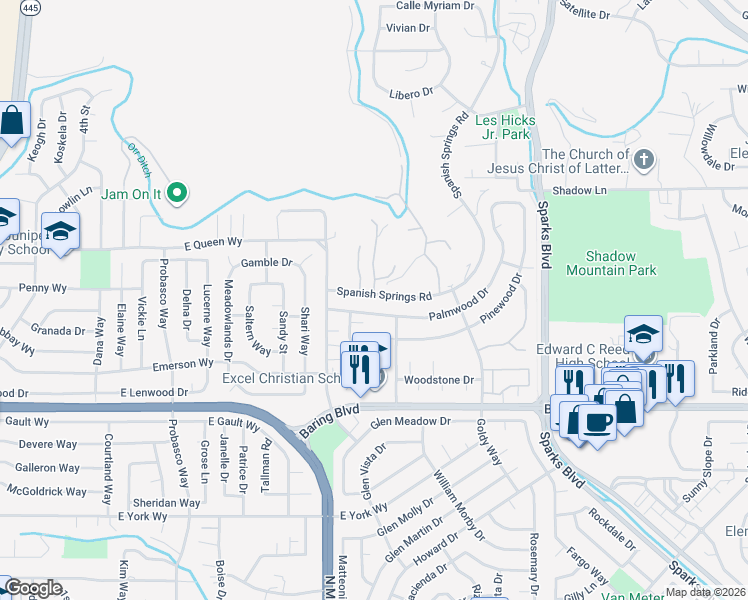 map of restaurants, bars, coffee shops, grocery stores, and more near 878 Palmwood Drive in Sparks
