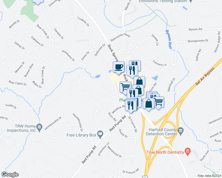 map of restaurants, bars, coffee shops, grocery stores, and more near 1623 Denise Drive in Forest Hill