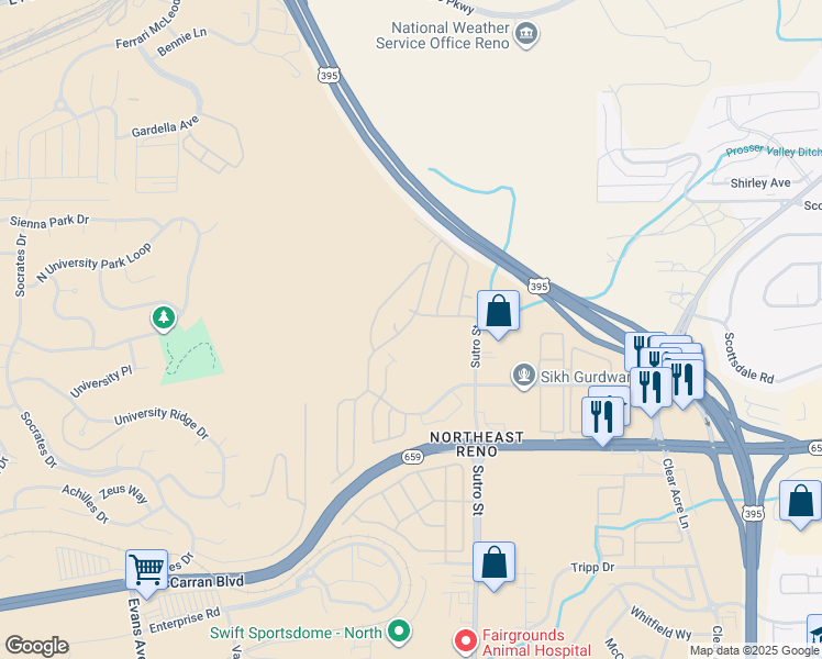 map of restaurants, bars, coffee shops, grocery stores, and more near 84 Cabernet Parkway in Reno