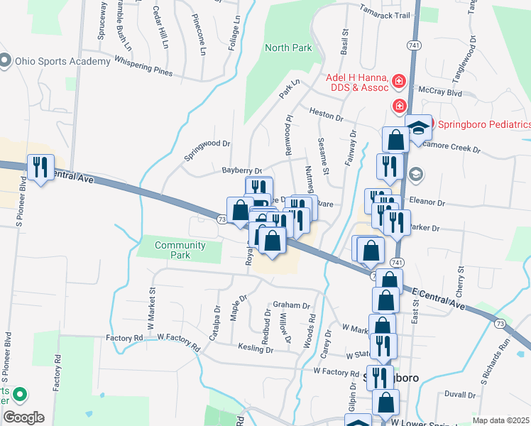 map of restaurants, bars, coffee shops, grocery stores, and more near 280 West Central Avenue in Springboro