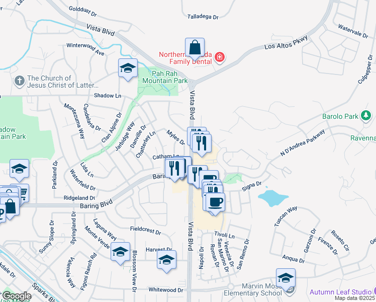 map of restaurants, bars, coffee shops, grocery stores, and more near 3060 Myles Drive in Sparks