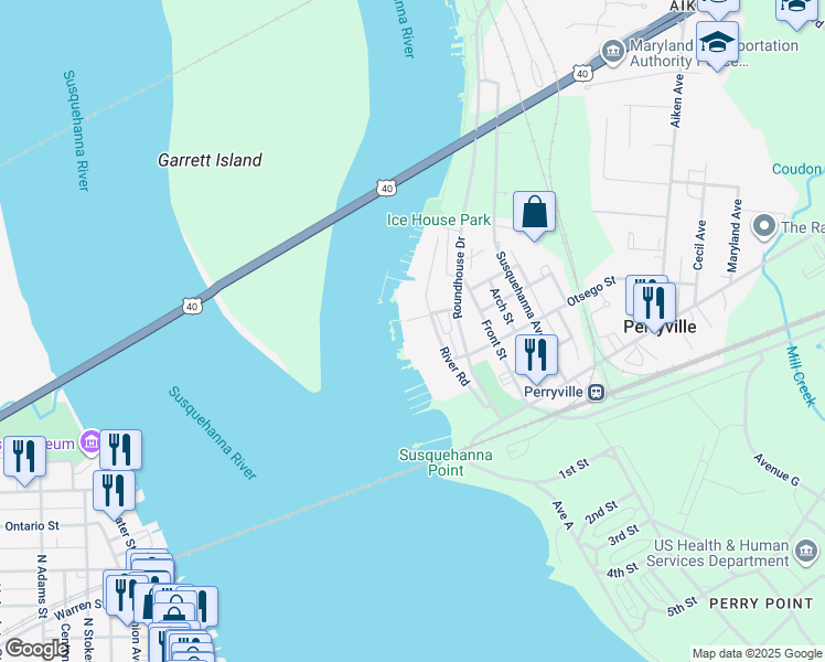 map of restaurants, bars, coffee shops, grocery stores, and more near 37 Owens Landing Court in Perryville