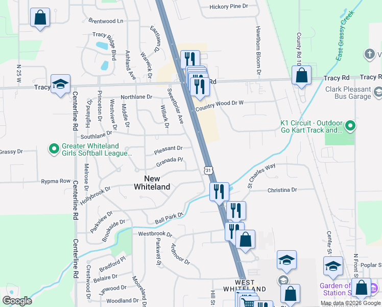 map of restaurants, bars, coffee shops, grocery stores, and more near 452 Granada Place in Whiteland