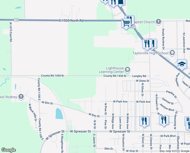 map of restaurants, bars, coffee shops, grocery stores, and more near 915 North Pine Street in Taylorville