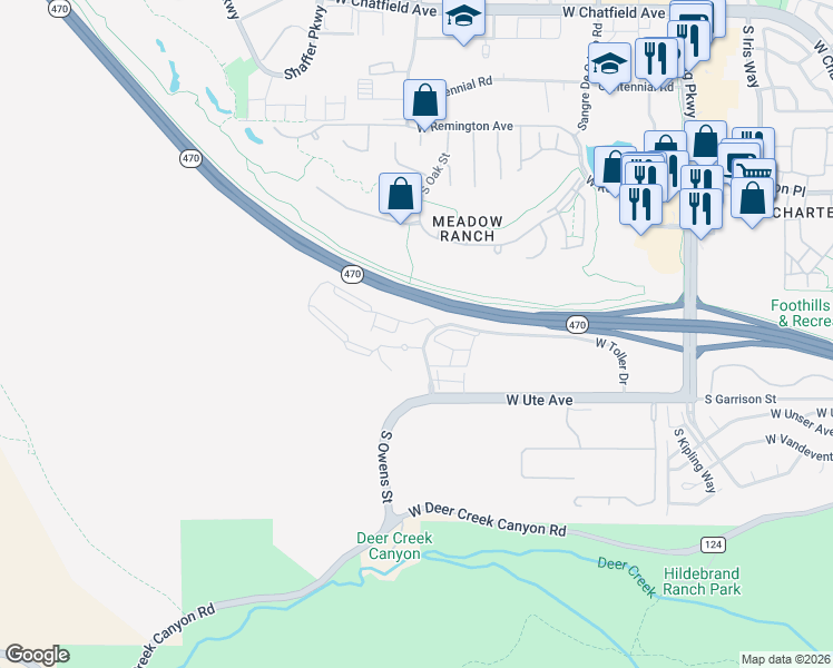 map of restaurants, bars, coffee shops, grocery stores, and more near 8510 South Oak Circle in Littleton