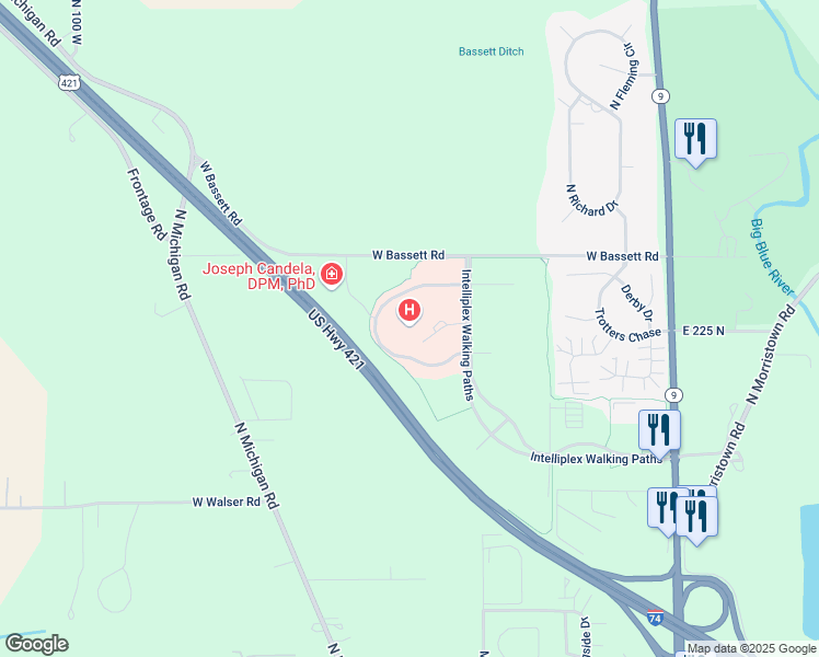 map of restaurants, bars, coffee shops, grocery stores, and more near 2451 Intelliplex Drive in Shelbyville