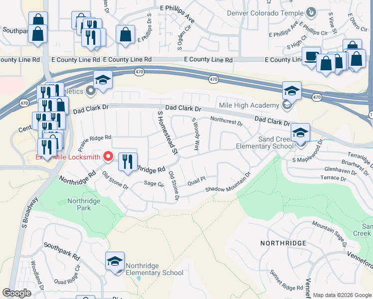 map of restaurants, bars, coffee shops, grocery stores, and more near 8713 Wildrose Court in Littleton