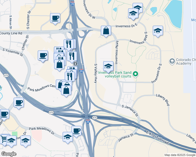 map of restaurants, bars, coffee shops, grocery stores, and more near 8300 South Valley Highway in Englewood