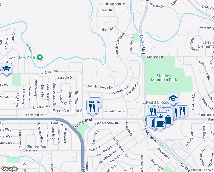map of restaurants, bars, coffee shops, grocery stores, and more near 936 Palmwood Drive in Sparks