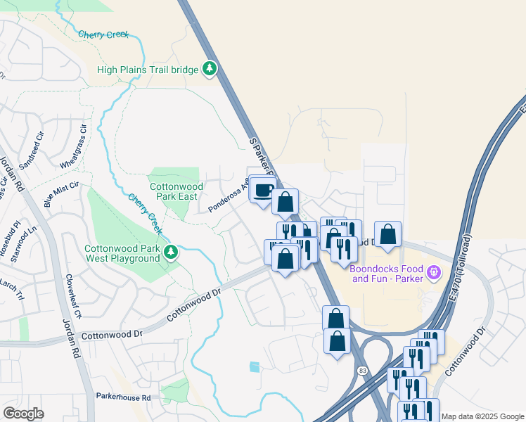 map of restaurants, bars, coffee shops, grocery stores, and more near 17761 Cottonwood Drive in Parker