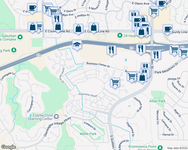 map of restaurants, bars, coffee shops, grocery stores, and more near 6700 Palomino Parkway in Highlands Ranch