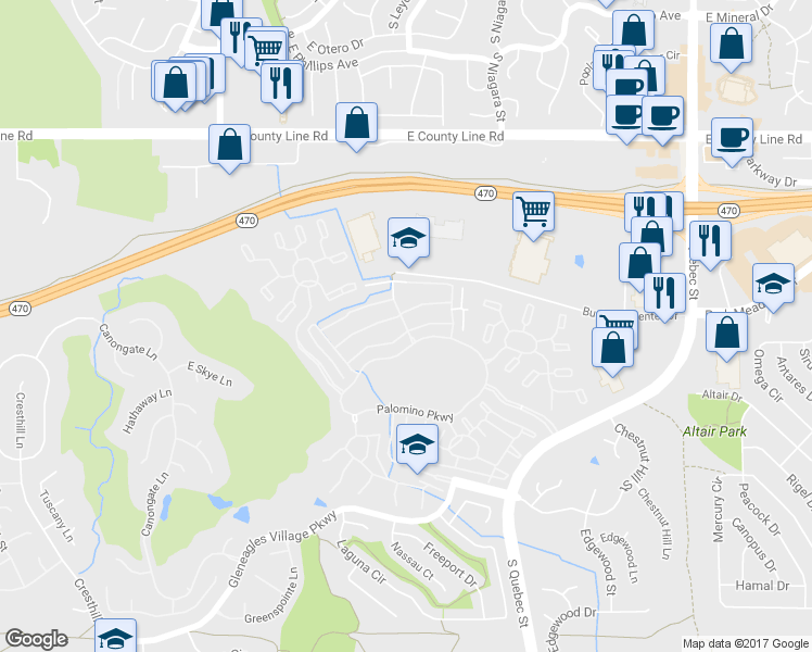 map of restaurants, bars, coffee shops, grocery stores, and more near 8565 Gold Peak Drive in Highlands Ranch