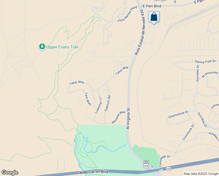 map of restaurants, bars, coffee shops, grocery stores, and more near 3590 Gypsum Road in Reno