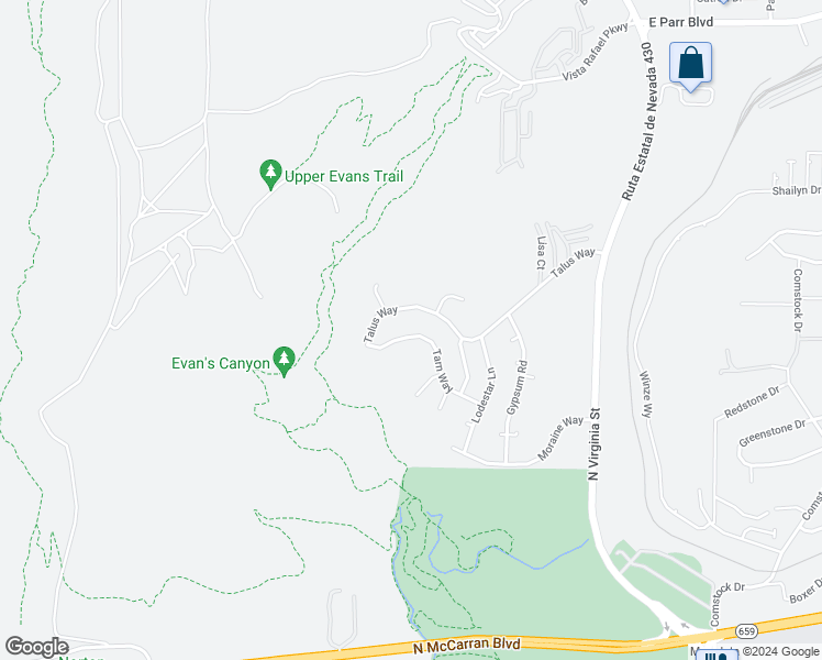 map of restaurants, bars, coffee shops, grocery stores, and more near 639 Tarn Way in Reno