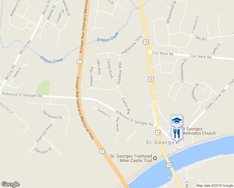 map of restaurants, bars, coffee shops, grocery stores, and more near 1225 Caitlin Way in New Castle