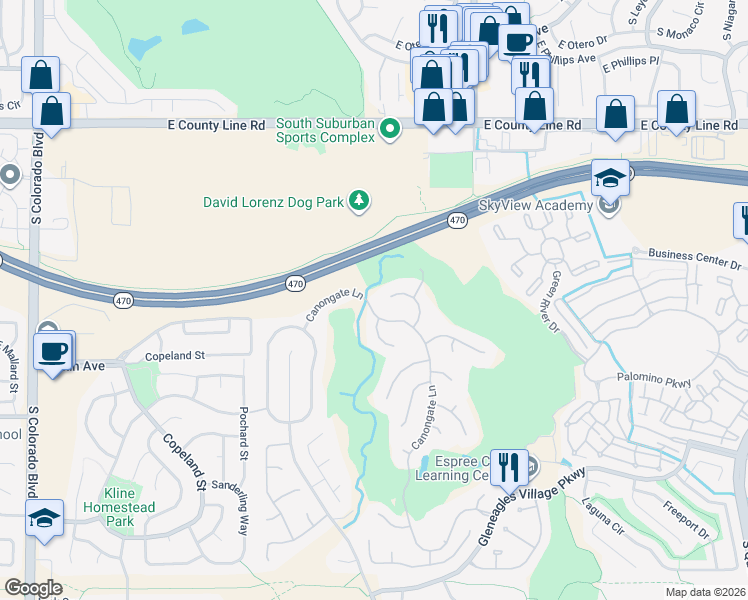 map of restaurants, bars, coffee shops, grocery stores, and more near 3 Tamerlain Court in Littleton