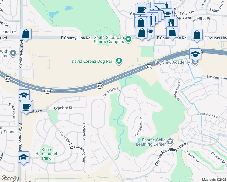 map of restaurants, bars, coffee shops, grocery stores, and more near 3 Tamerlain Court in Littleton