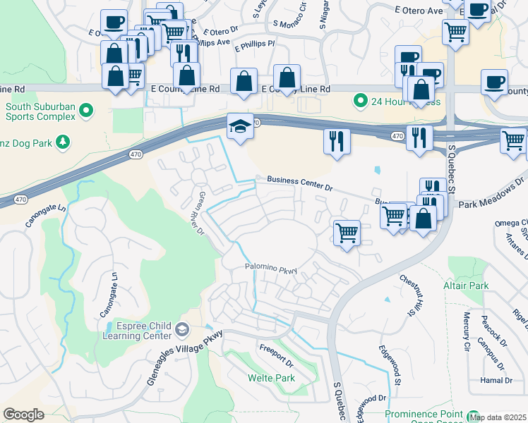 map of restaurants, bars, coffee shops, grocery stores, and more near 9982 Gold Peak Drive in Littleton