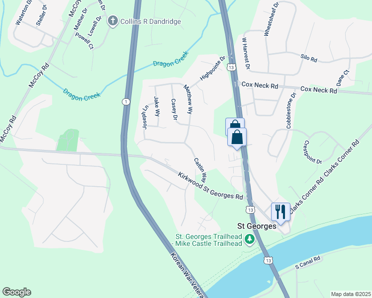 map of restaurants, bars, coffee shops, grocery stores, and more near 1225 Caitlin Way in New Castle