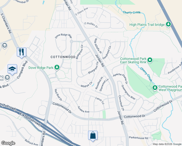 map of restaurants, bars, coffee shops, grocery stores, and more near 16293 Orchard Grass Lane in Parker