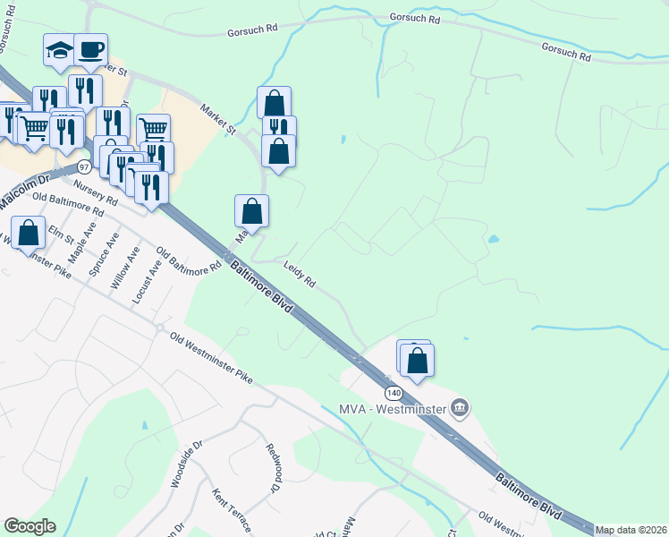 map of restaurants, bars, coffee shops, grocery stores, and more near 944 Leidy Road in Westminster