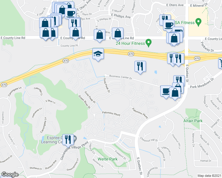 map of restaurants, bars, coffee shops, grocery stores, and more near 8565 Gold Peak Drive in Littleton