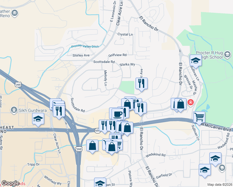 map of restaurants, bars, coffee shops, grocery stores, and more near 3225 Scottsdale Road in Reno
