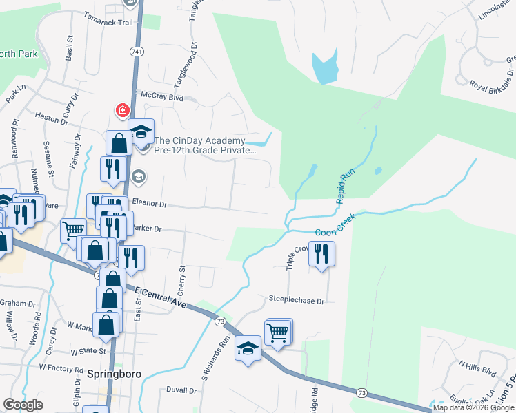 map of restaurants, bars, coffee shops, grocery stores, and more near 143 Timberside Court in Springboro