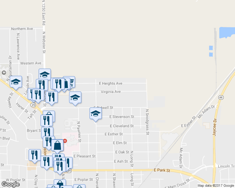 map of restaurants, bars, coffee shops, grocery stores, and more near 708 Virginia Avenue in Taylorville