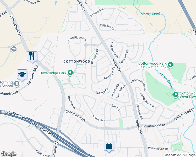 map of restaurants, bars, coffee shops, grocery stores, and more near 8538 Bluegrass Circle in Parker
