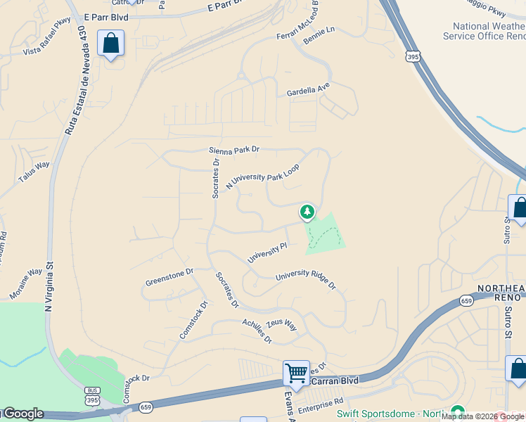 map of restaurants, bars, coffee shops, grocery stores, and more near 3410 University Green Drive in Reno