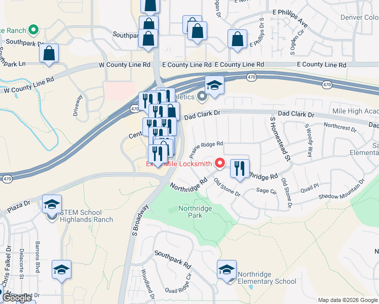 map of restaurants, bars, coffee shops, grocery stores, and more near 8472 Timberwood Street in Highlands Ranch