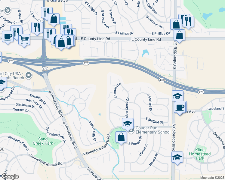 map of restaurants, bars, coffee shops, grocery stores, and more near 8592 Forrest Street in Littleton