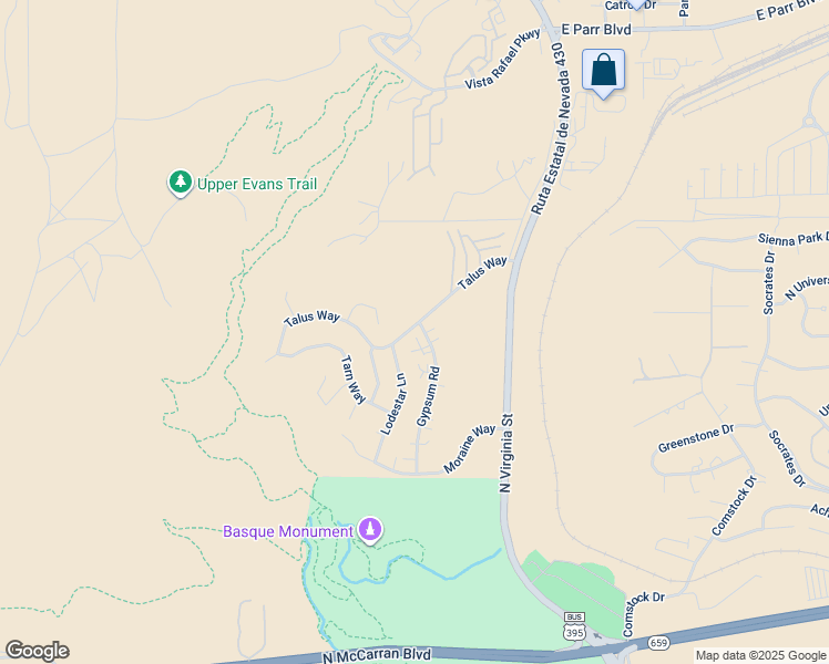 map of restaurants, bars, coffee shops, grocery stores, and more near 355 Talus Way in Reno